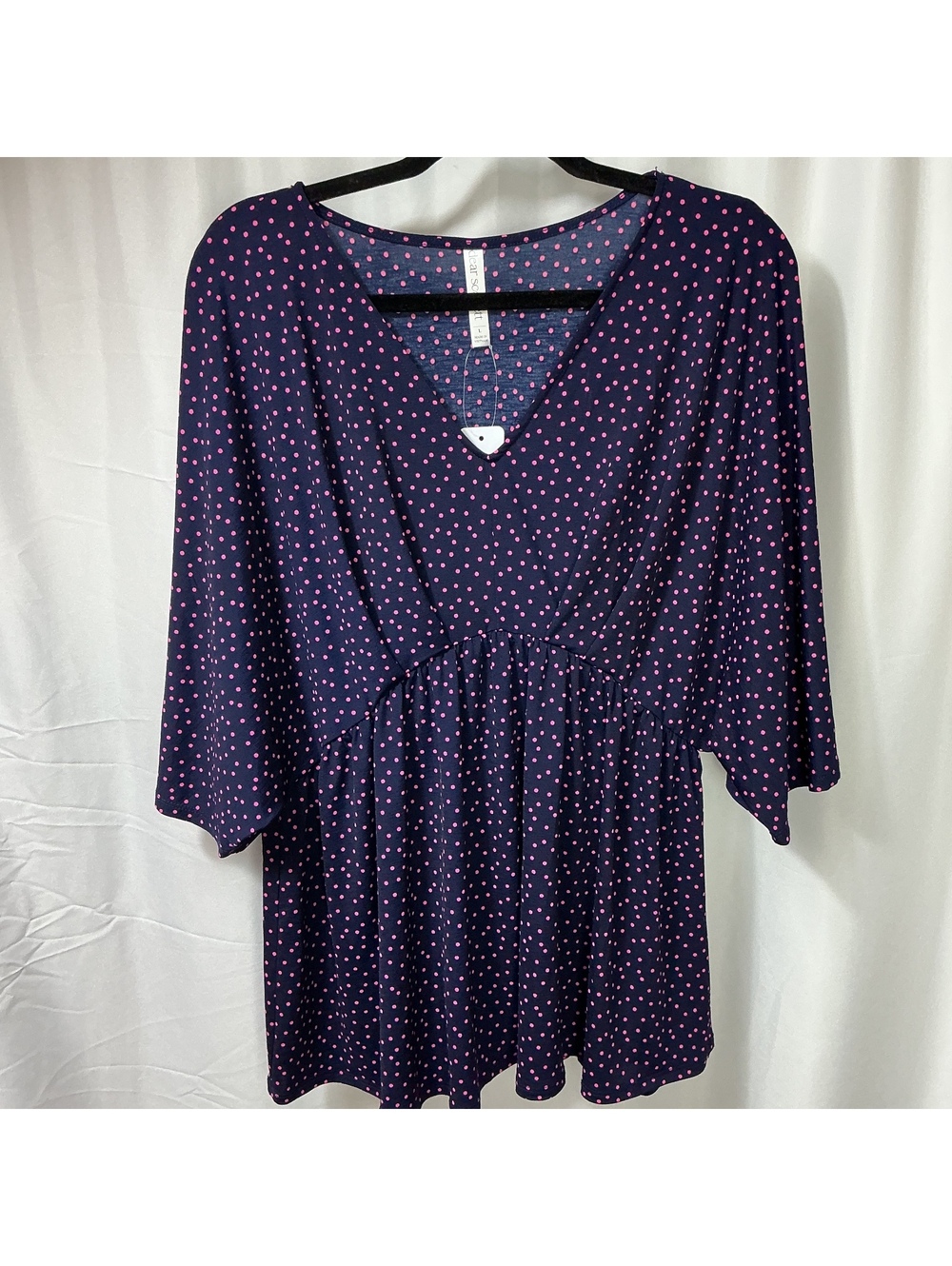 NWT Dear Scarlett Women’s L Navy Pink Polka Dot V Neck Peplum Top Work office